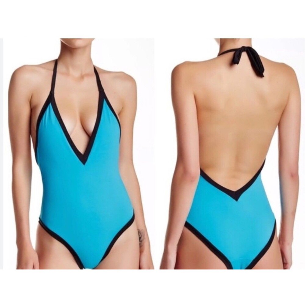 NWT Sole East by Women's Blue Black Swimwear Medium Nordstroms Deep V Backless